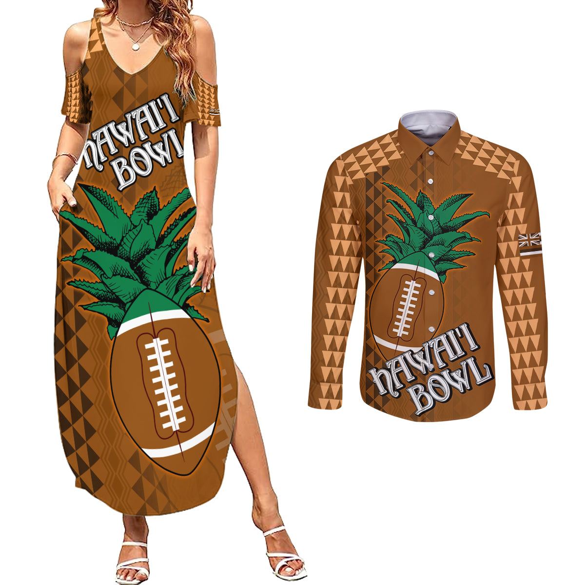 Custom Hawaii Honolulu Bowl Couples Matching Summer Maxi Dress and Long Sleeve Button Shirt With Kakau Tribal Pattern LT9 - Wonder Print Shop