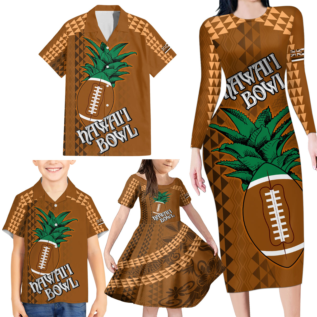 Custom Hawaii Honolulu Bowl Family Matching Long Sleeve Bodycon Dress and Hawaiian Shirt With Kakau Tribal Pattern LT9 - Wonder Print Shop
