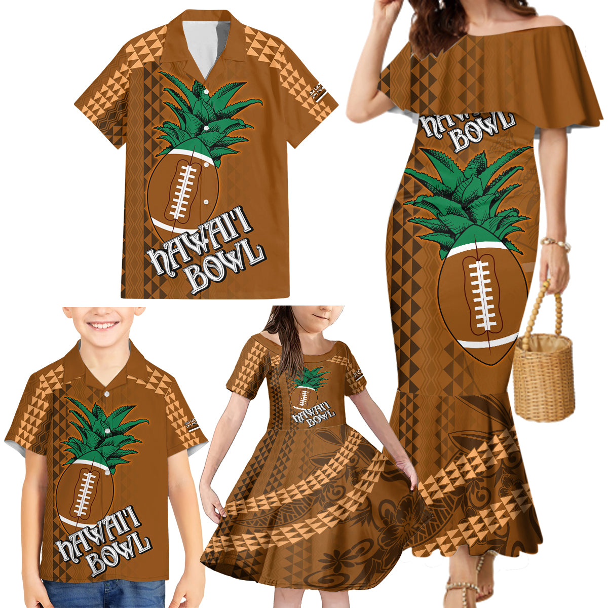 Custom Hawaii Honolulu Bowl Family Matching Mermaid Dress and Hawaiian Shirt With Kakau Tribal Pattern LT9 - Wonder Print Shop