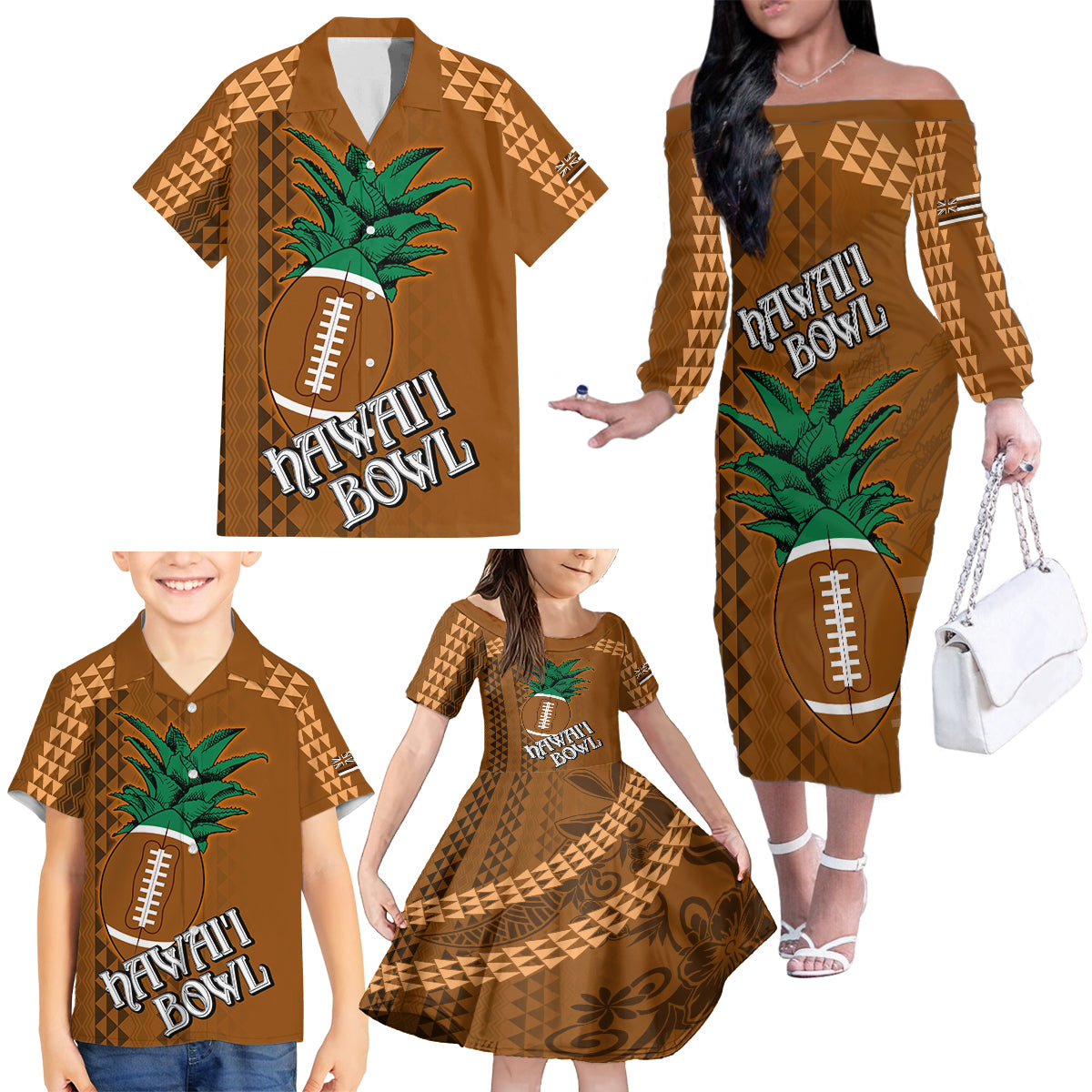 Custom Hawaii Honolulu Bowl Family Matching Off Shoulder Long Sleeve Dress and Hawaiian Shirt With Kakau Tribal Pattern - Wonder Print Shop