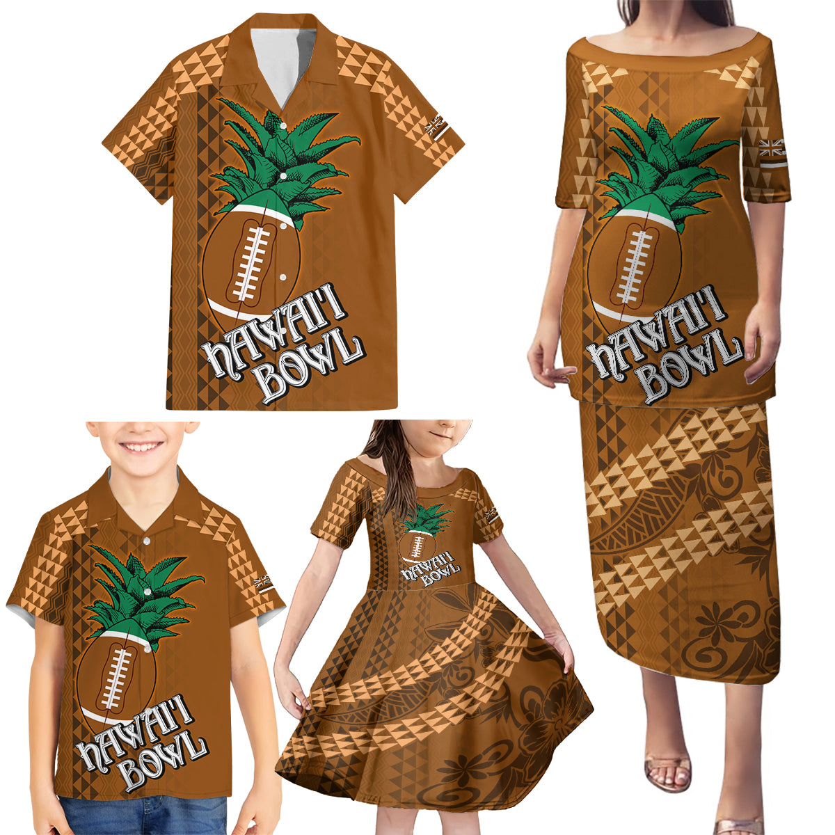 Custom Hawaii Honolulu Bowl Family Matching Puletasi Dress and Hawaiian Shirt With Kakau Tribal Pattern - Wonder Print Shop