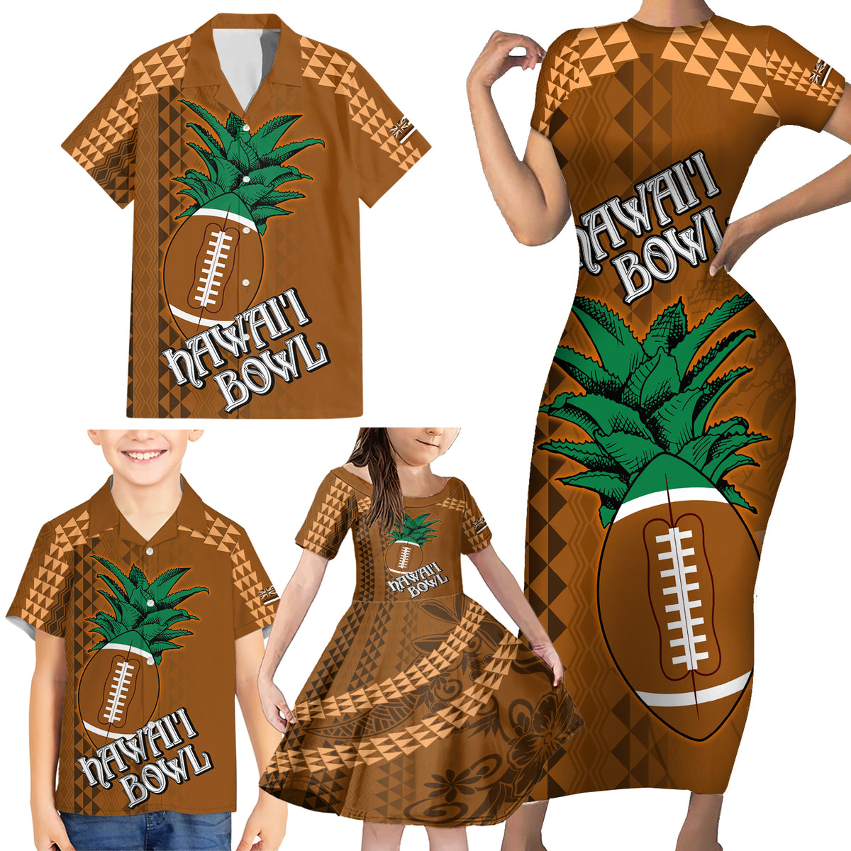 Custom Hawaii Honolulu Bowl Family Matching Short Sleeve Bodycon Dress and Hawaiian Shirt With Kakau Tribal Pattern - Wonder Print Shop