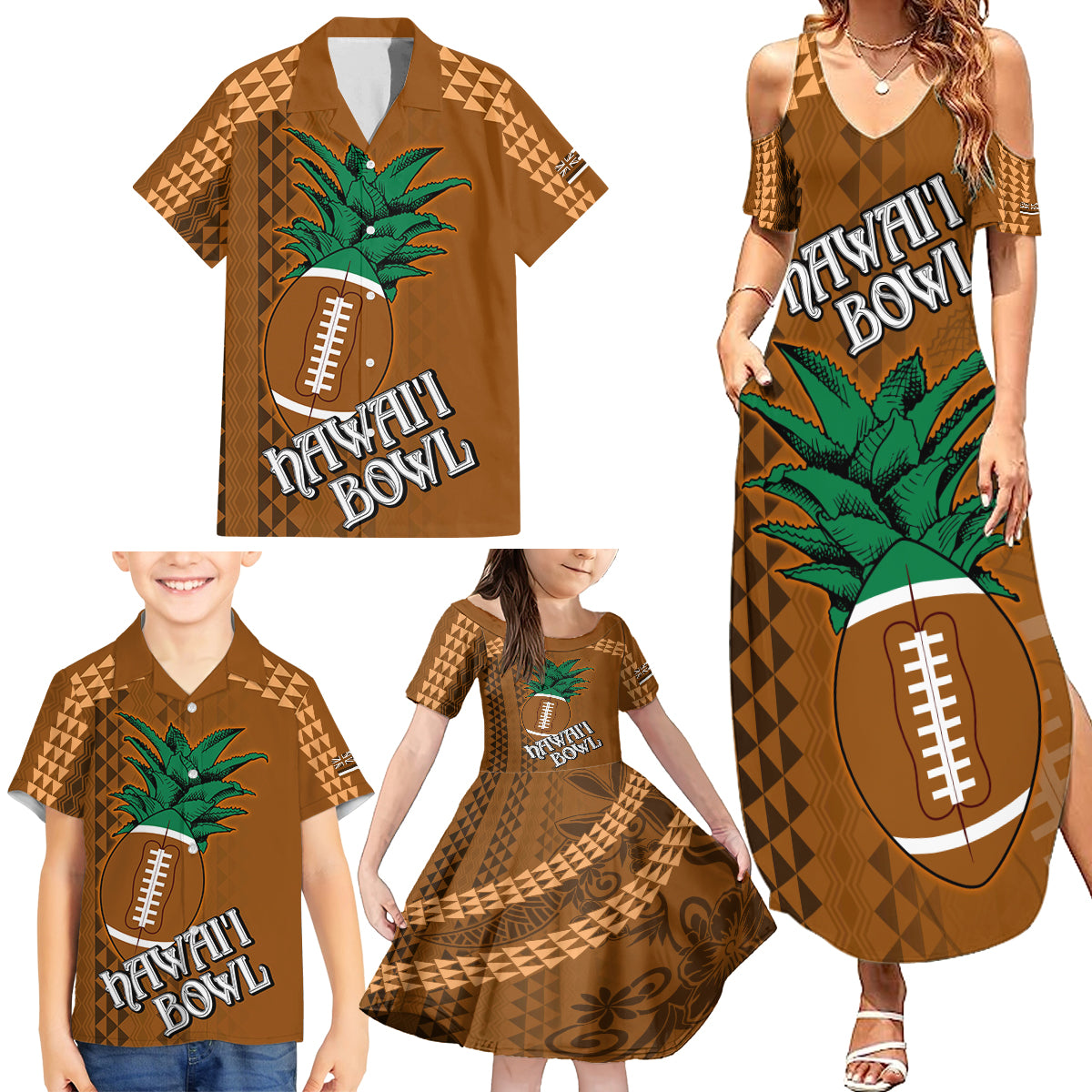 Custom Hawaii Honolulu Bowl Family Matching Summer Maxi Dress and Hawaiian Shirt With Kakau Tribal Pattern - Wonder Print Shop