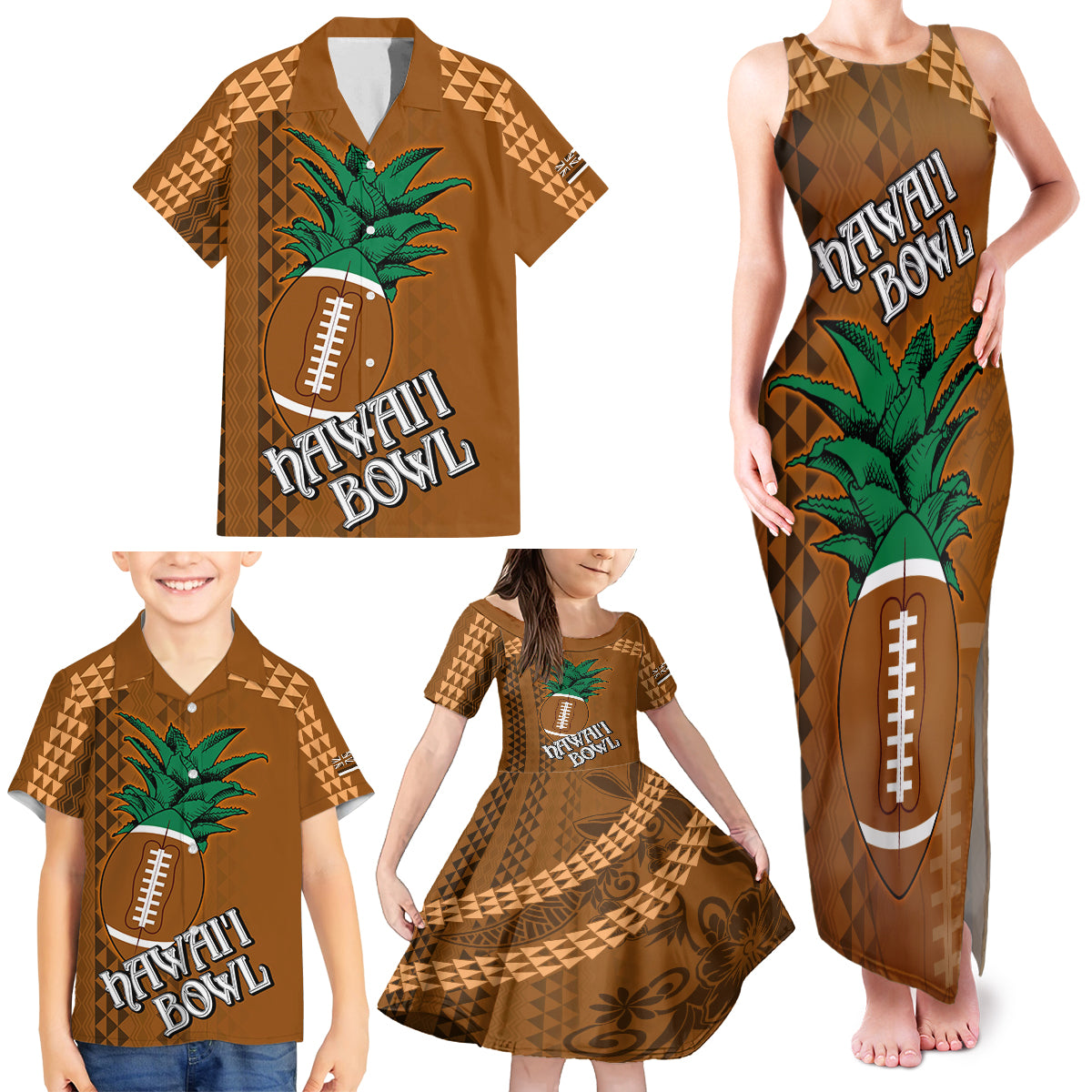 Custom Hawaii Honolulu Bowl Family Matching Tank Maxi Dress and Hawaiian Shirt With Kakau Tribal Pattern - Wonder Print Shop