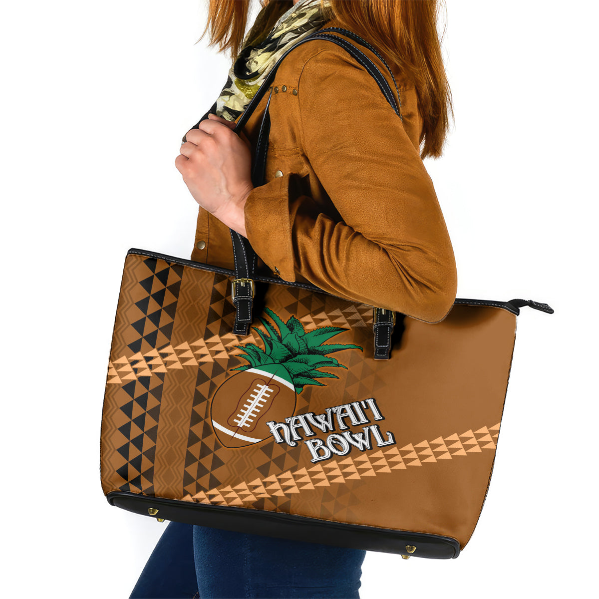 Custom Hawaii Honolulu Bowl Leather Tote Bag With Kakau Tribal Pattern - Wonder Print Shop