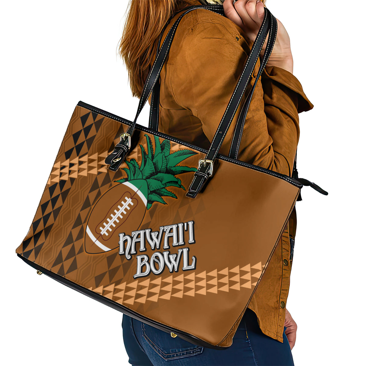 Custom Hawaii Honolulu Bowl Leather Tote Bag With Kakau Tribal Pattern - Wonder Print Shop