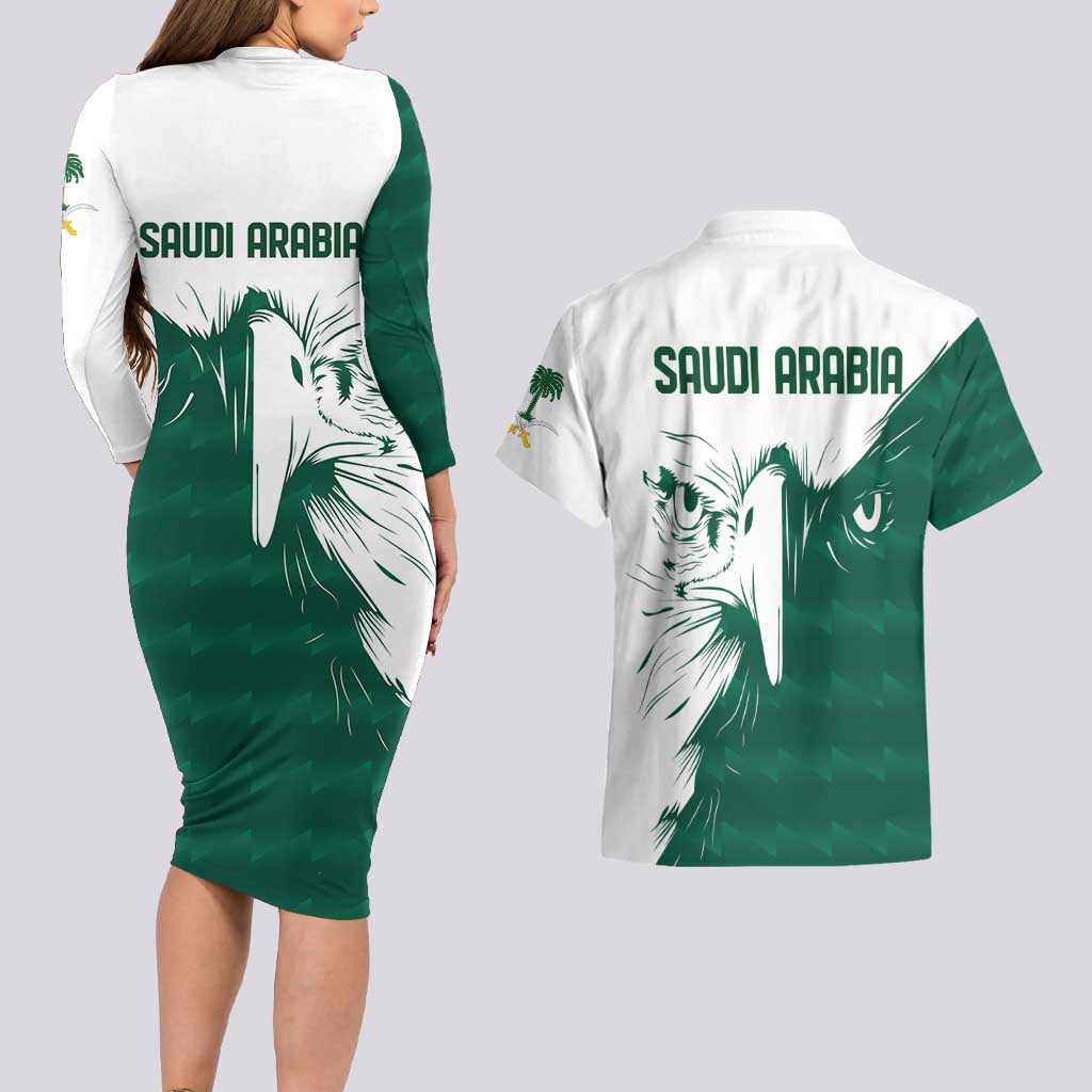 Saudi Arabia Falcon Couples Matching Long Sleeve Bodycon Dress and Hawaiian Shirt Simple Saudi Pattern LT9 - Wonder Print Shop
