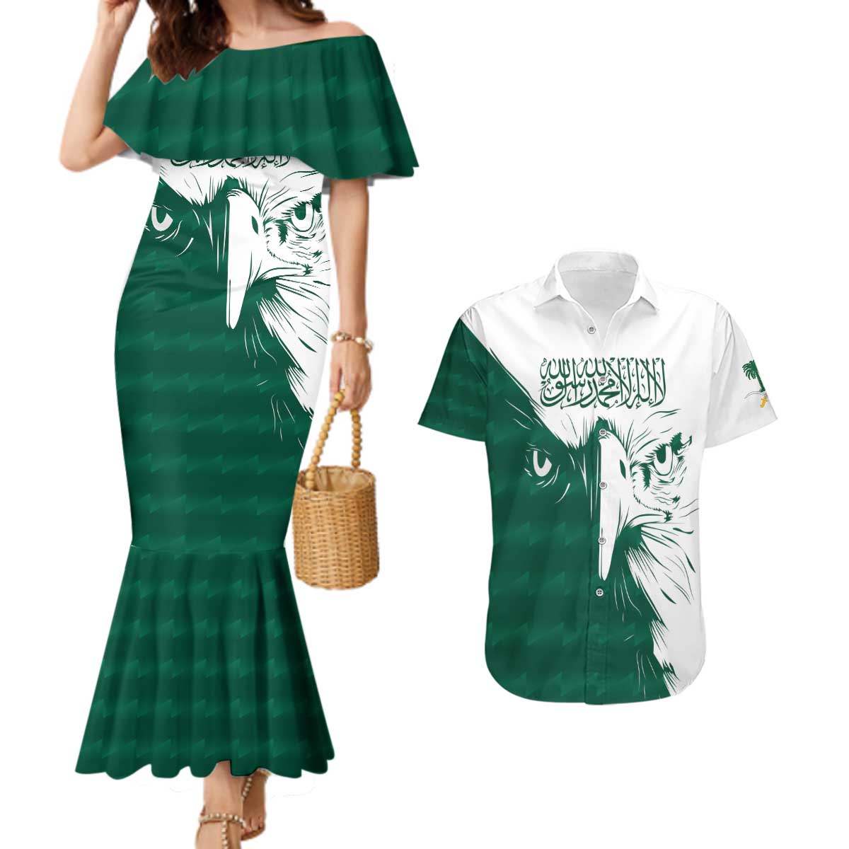 Saudi Arabia Falcon Couples Matching Mermaid Dress and Hawaiian Shirt Simple Saudi Pattern LT9 - Wonder Print Shop