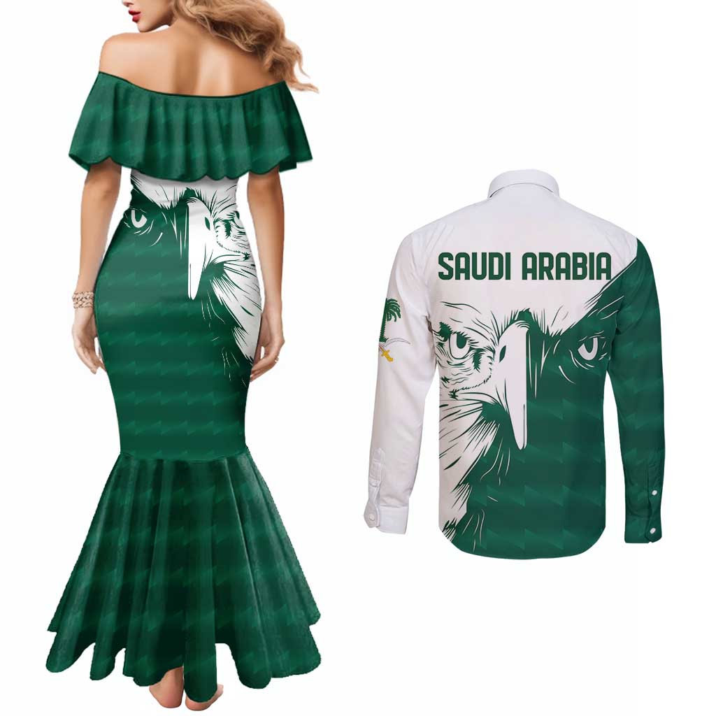 Saudi Arabia Falcon Couples Matching Mermaid Dress and Long Sleeve Button Shirt Simple Saudi Pattern