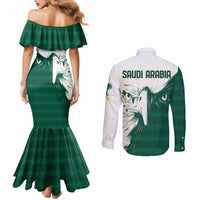 Saudi Arabia Falcon Couples Matching Mermaid Dress and Long Sleeve Button Shirt Simple Saudi Pattern