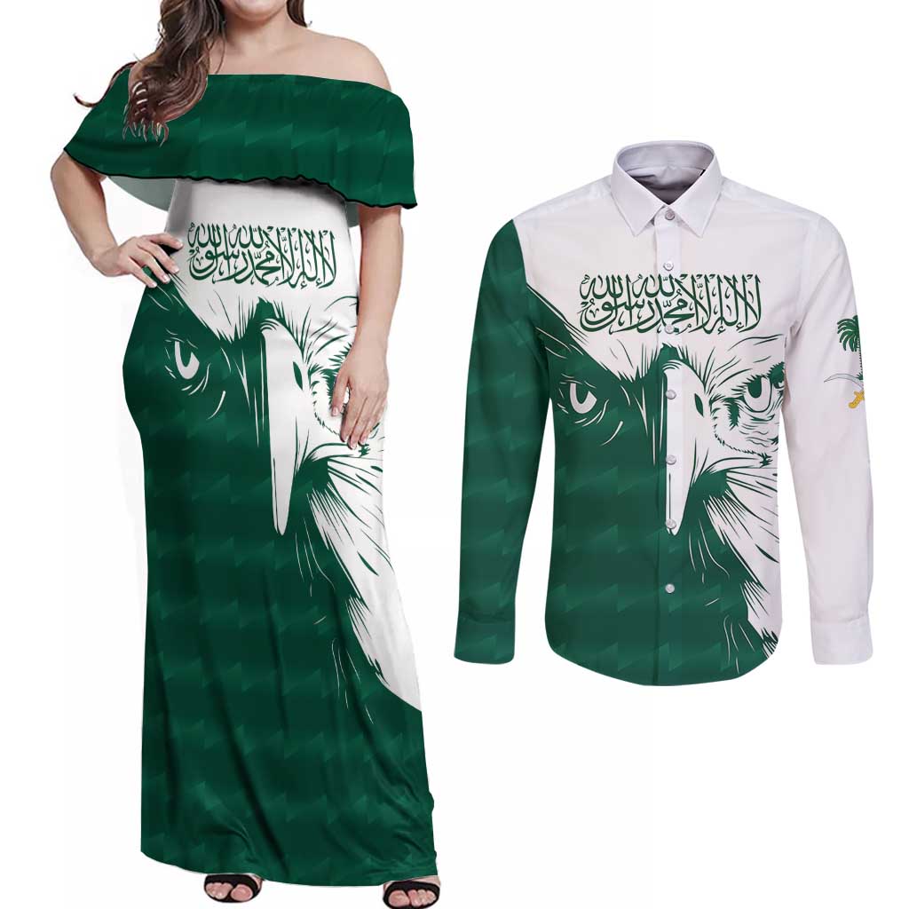 Saudi Arabia Falcon Couples Matching Off Shoulder Maxi Dress and Long Sleeve Button Shirt Simple Saudi Pattern LT9 - Wonder Print Shop
