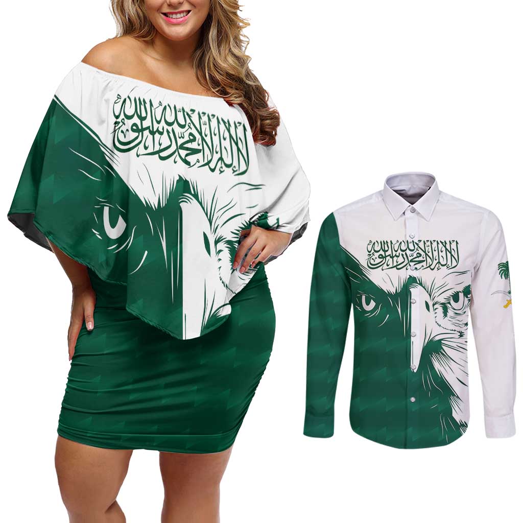 Saudi Arabia Falcon Couples Matching Off Shoulder Short Dress and Long Sleeve Button Shirt Simple Saudi Pattern LT9 - Wonder Print Shop