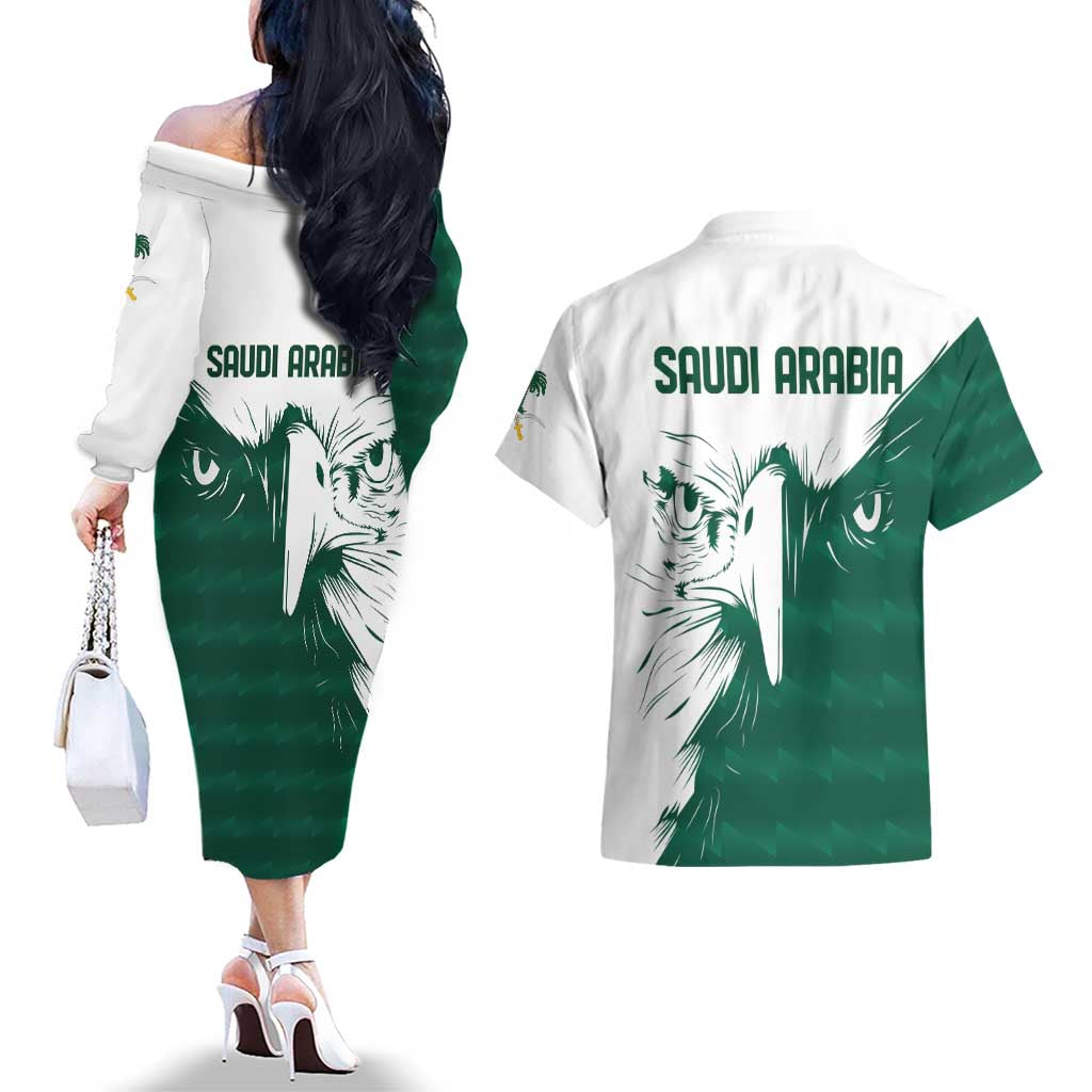 Saudi Arabia Falcon Couples Matching Off The Shoulder Long Sleeve Dress and Hawaiian Shirt Simple Saudi Pattern LT9 - Wonder Print Shop