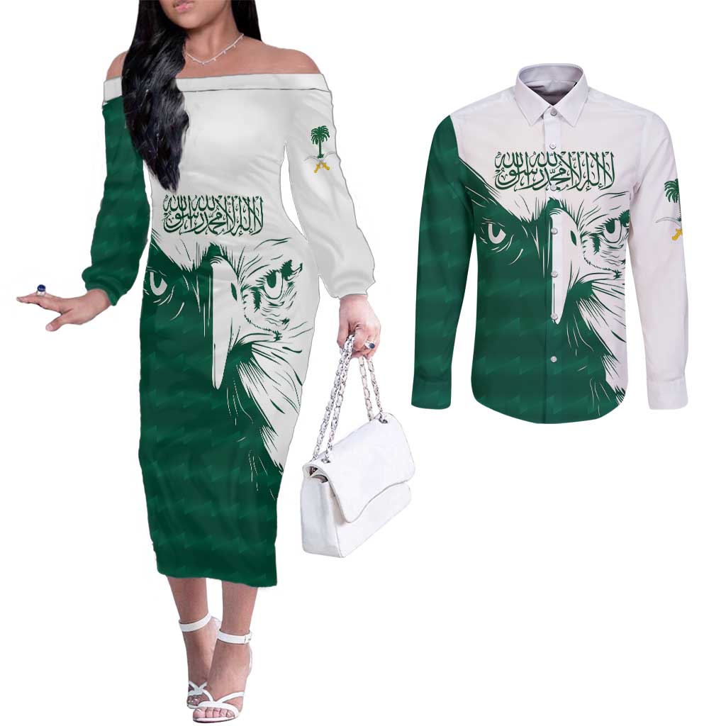 Saudi Arabia Falcon Couples Matching Off The Shoulder Long Sleeve Dress and Long Sleeve Button Shirt Simple Saudi Pattern