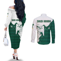 Saudi Arabia Falcon Couples Matching Off The Shoulder Long Sleeve Dress and Long Sleeve Button Shirt Simple Saudi Pattern