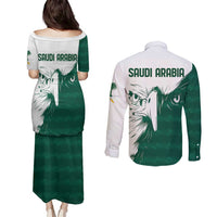 Saudi Arabia Falcon Couples Matching Puletasi and Long Sleeve Button Shirt Simple Saudi Pattern LT9 - Wonder Print Shop