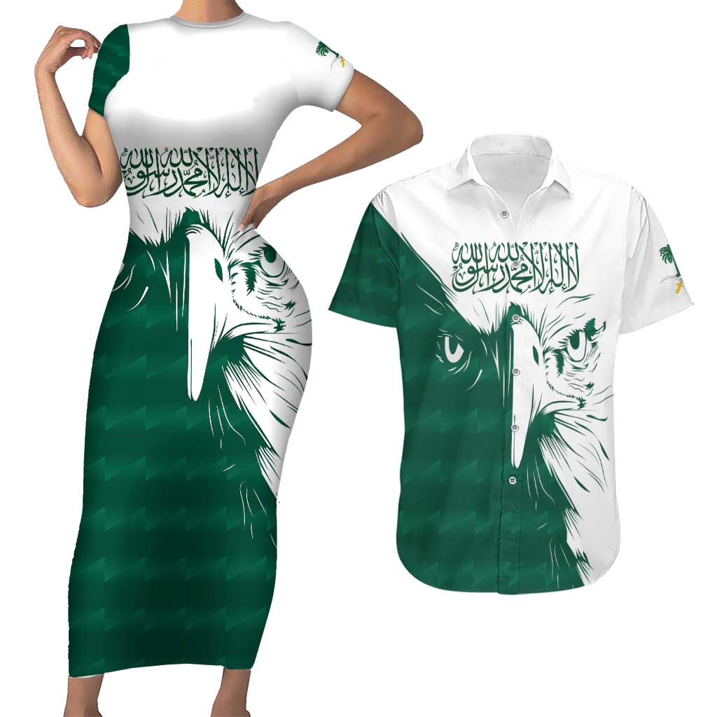 Saudi Arabia Falcon Couples Matching Short Sleeve Bodycon Dress and Hawaiian Shirt Simple Saudi Pattern LT9 - Wonder Print Shop
