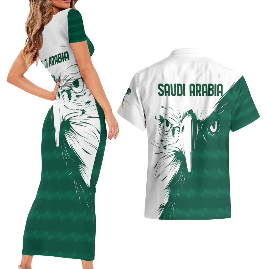 Saudi Arabia Falcon Couples Matching Short Sleeve Bodycon Dress and Hawaiian Shirt Simple Saudi Pattern LT9 - Wonder Print Shop