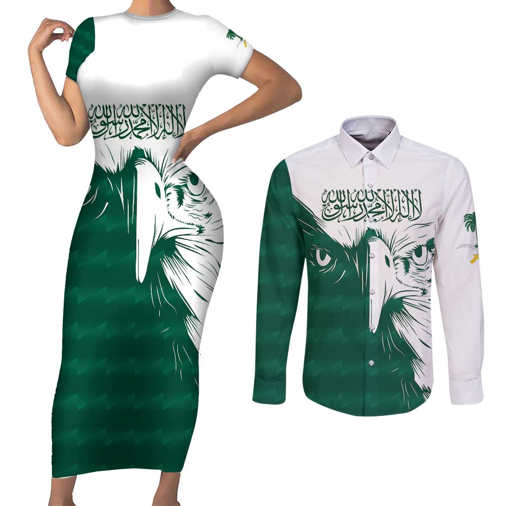 Saudi Arabia Falcon Couples Matching Short Sleeve Bodycon Dress and Long Sleeve Button Shirt Simple Saudi Pattern LT9 - Wonder Print Shop