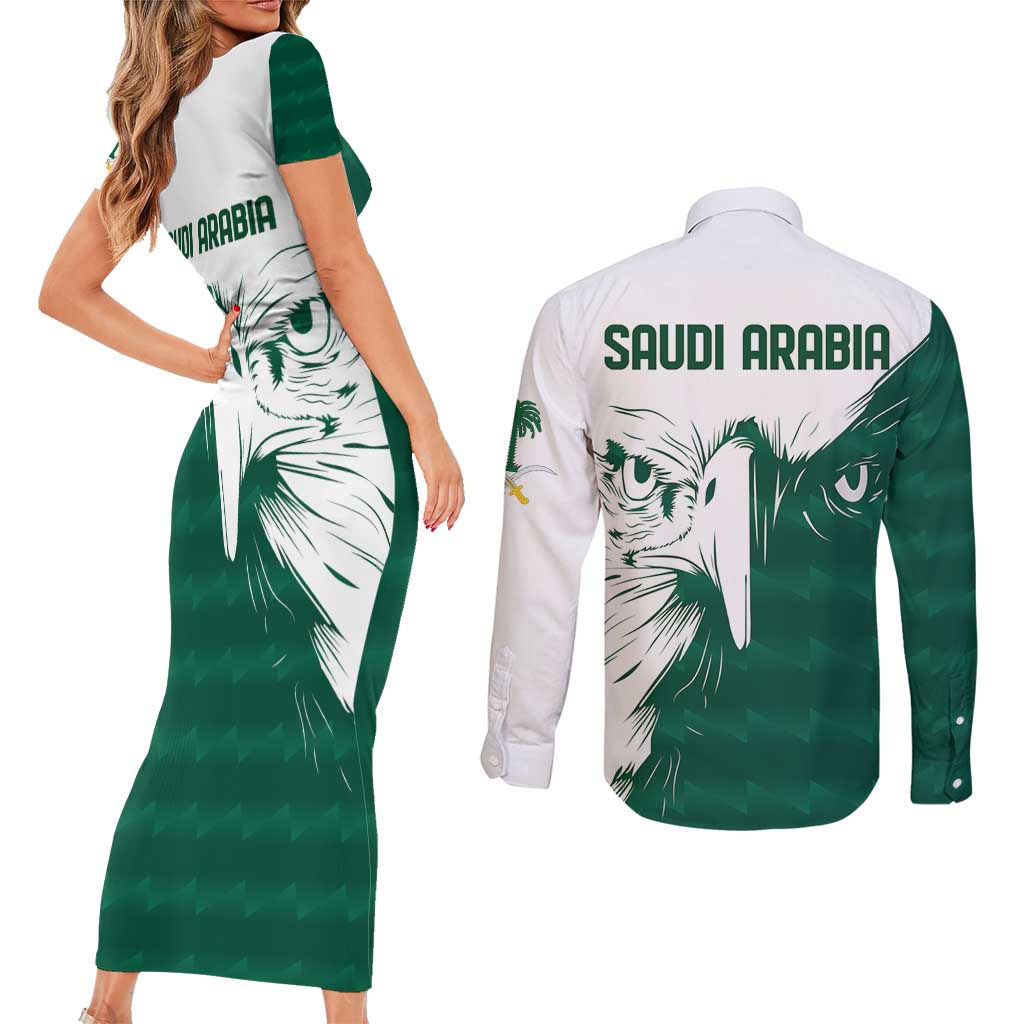 Saudi Arabia Falcon Couples Matching Short Sleeve Bodycon Dress and Long Sleeve Button Shirt Simple Saudi Pattern LT9 - Wonder Print Shop