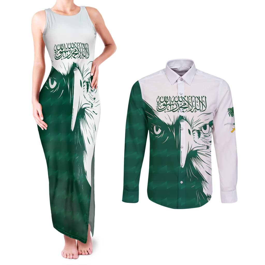 Saudi Arabia Falcon Couples Matching Tank Maxi Dress and Long Sleeve Button Shirt Simple Saudi Pattern LT9 - Wonder Print Shop