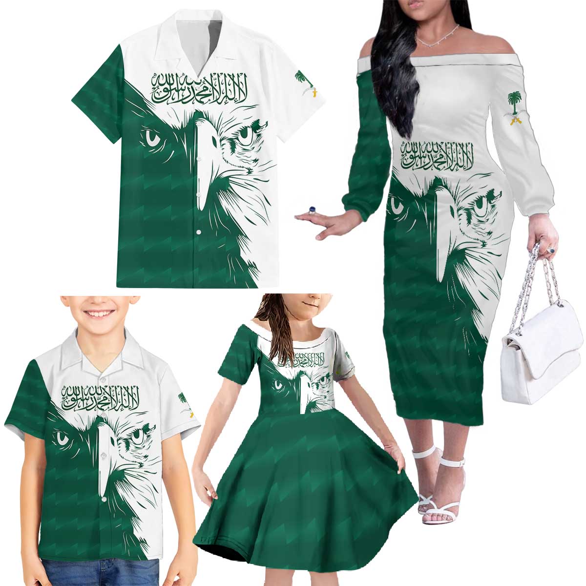 Saudi Arabia Falcon Family Matching Off The Shoulder Long Sleeve Dress and Hawaiian Shirt Simple Saudi Pattern - Wonder Print Shop