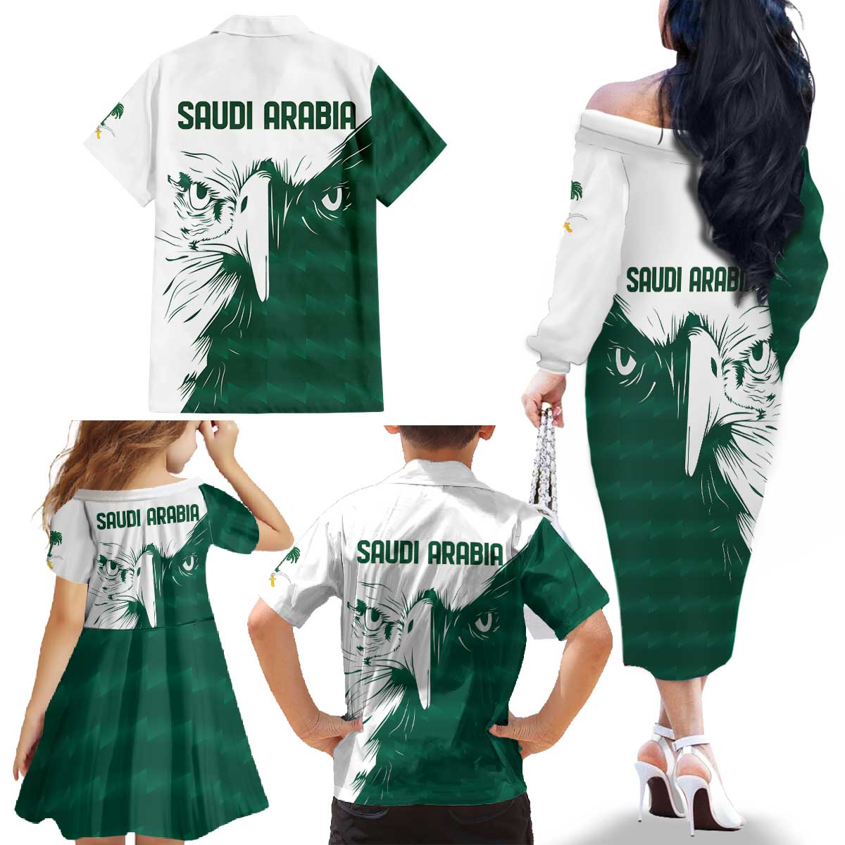 Saudi Arabia Falcon Family Matching Off The Shoulder Long Sleeve Dress and Hawaiian Shirt Simple Saudi Pattern - Wonder Print Shop