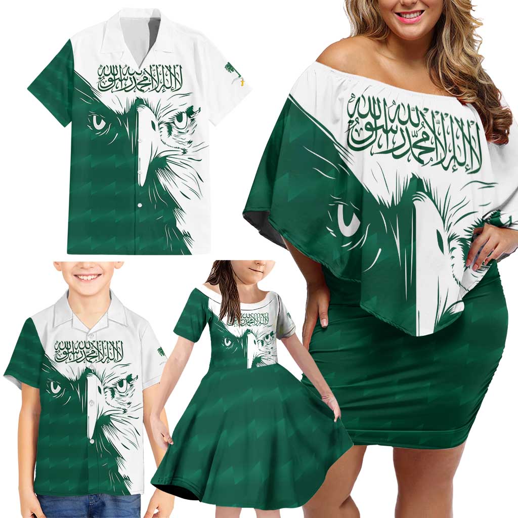 Saudi Arabia Falcon Family Matching Off Shoulder Short Dress and Hawaiian Shirt Simple Saudi Pattern LT9 - Wonder Print Shop