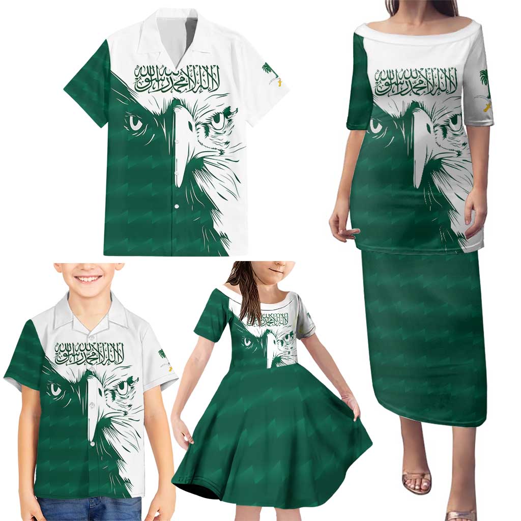Saudi Arabia Falcon Family Matching Puletasi and Hawaiian Shirt Simple Saudi Pattern - Wonder Print Shop
