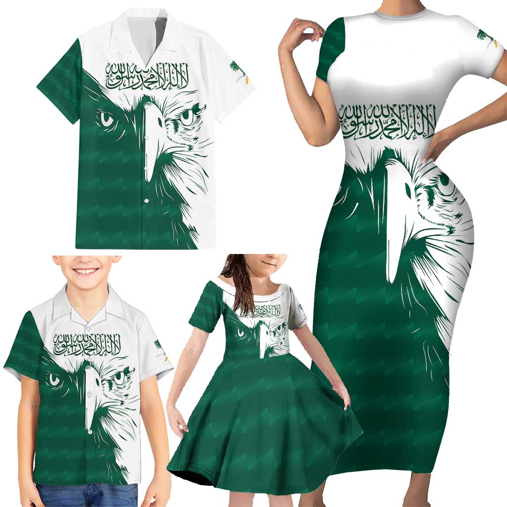 Saudi Arabia Falcon Family Matching Short Sleeve Bodycon Dress and Hawaiian Shirt Simple Saudi Pattern - Wonder Print Shop