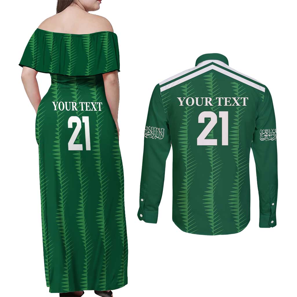 Custom Saudi Arabia Football Couples Matching Off Shoulder Maxi Dress and Long Sleeve Button Shirt Green Al -Arabiyyah Concept 23-2024 LT9 - Wonder Print Shop