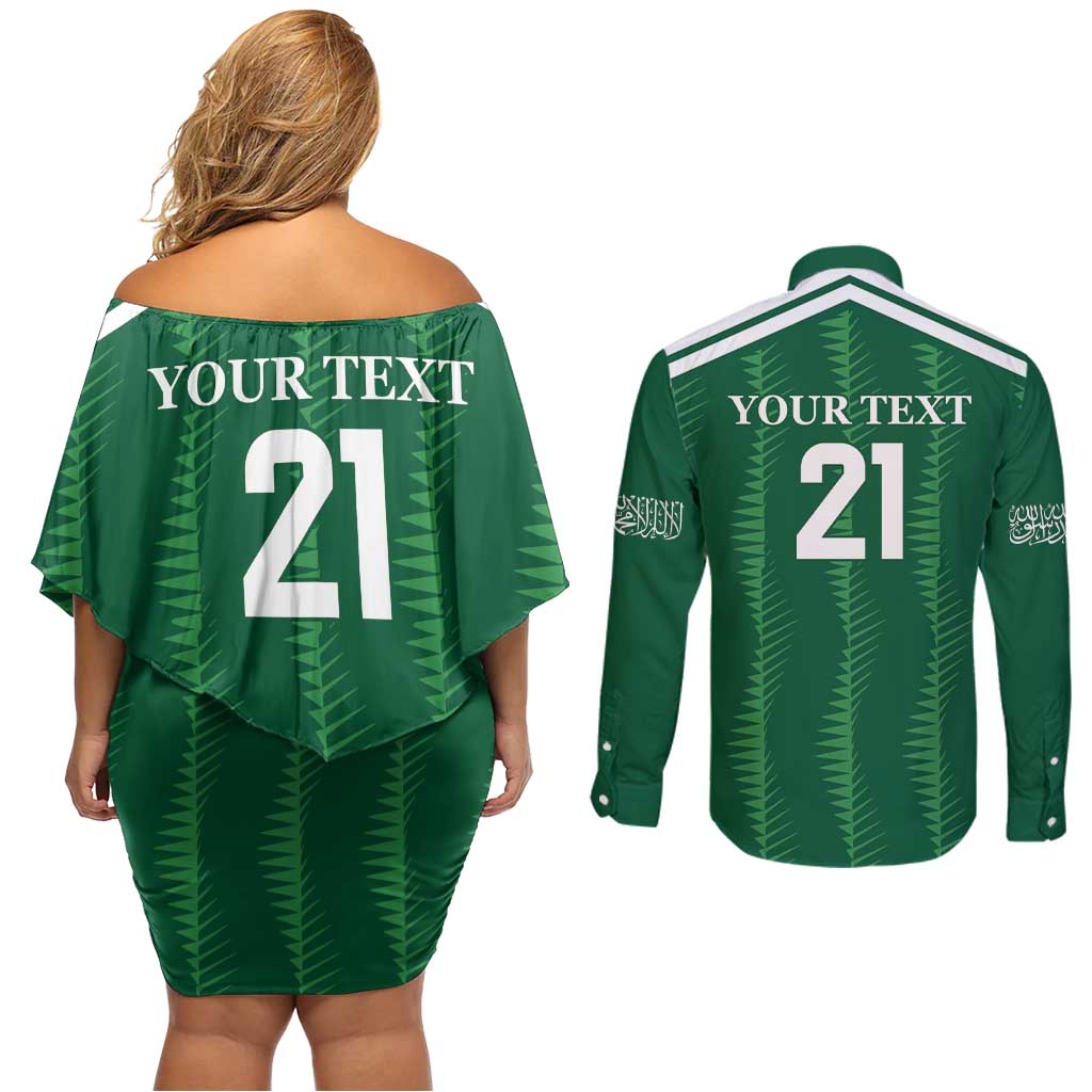 Custom Saudi Arabia Football Couples Matching Off Shoulder Short Dress and Long Sleeve Button Shirt Green Al -Arabiyyah Concept 23-2024 LT9 - Wonder Print Shop