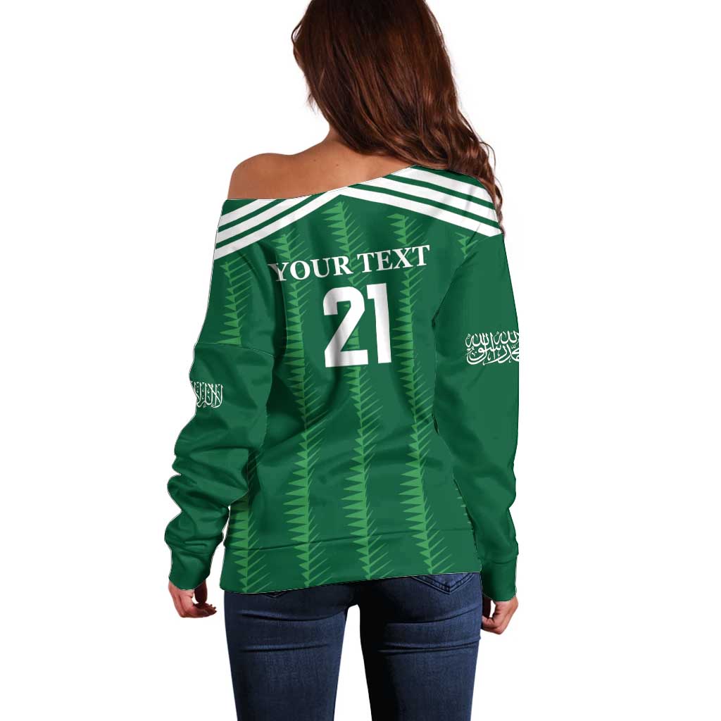 Custom Saudi Arabia Football Off Shoulder Sweater Green Al -Arabiyyah Concept 23-2024 - Wonder Print Shop