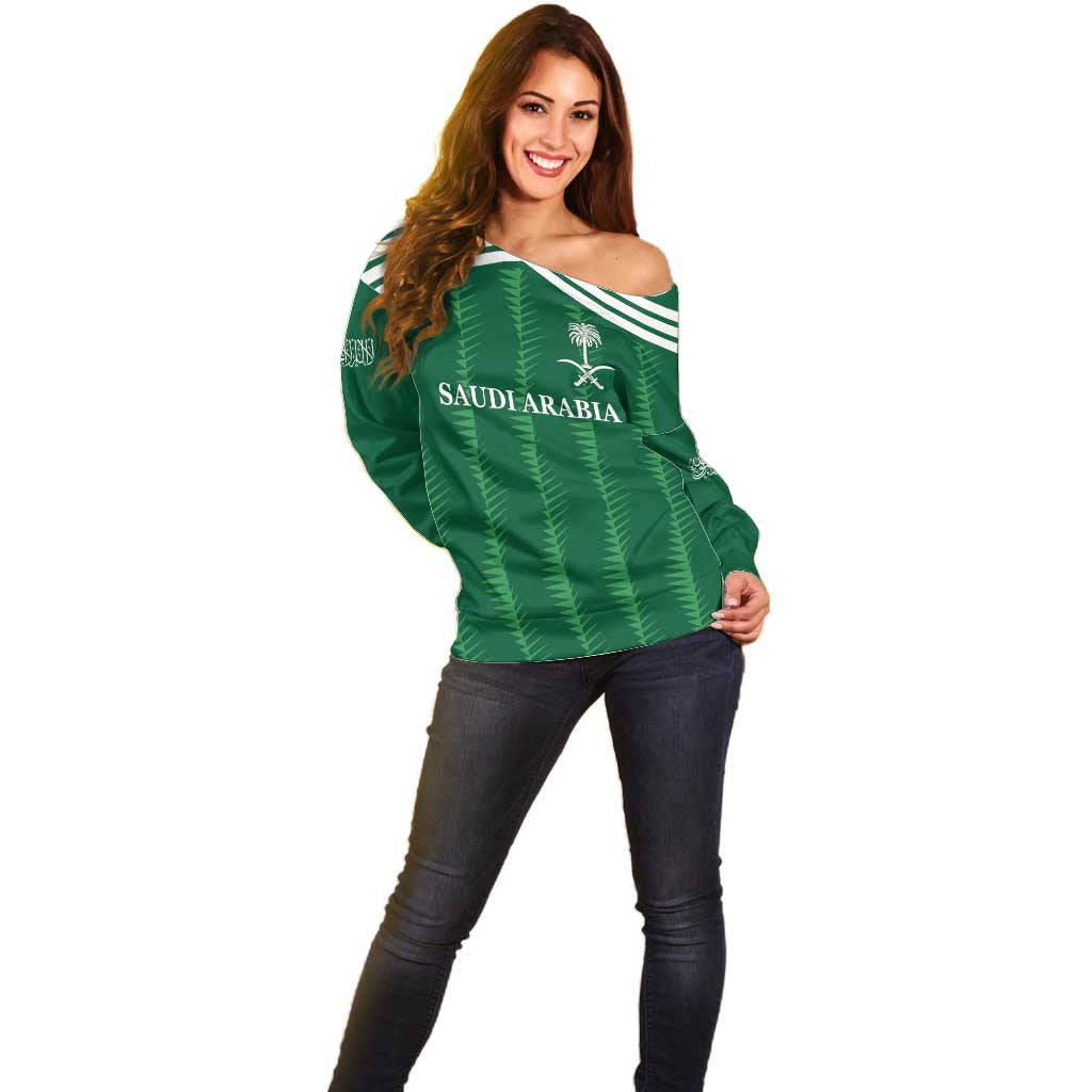 Custom Saudi Arabia Football Off Shoulder Sweater Green Al -Arabiyyah Concept 23-2024 - Wonder Print Shop