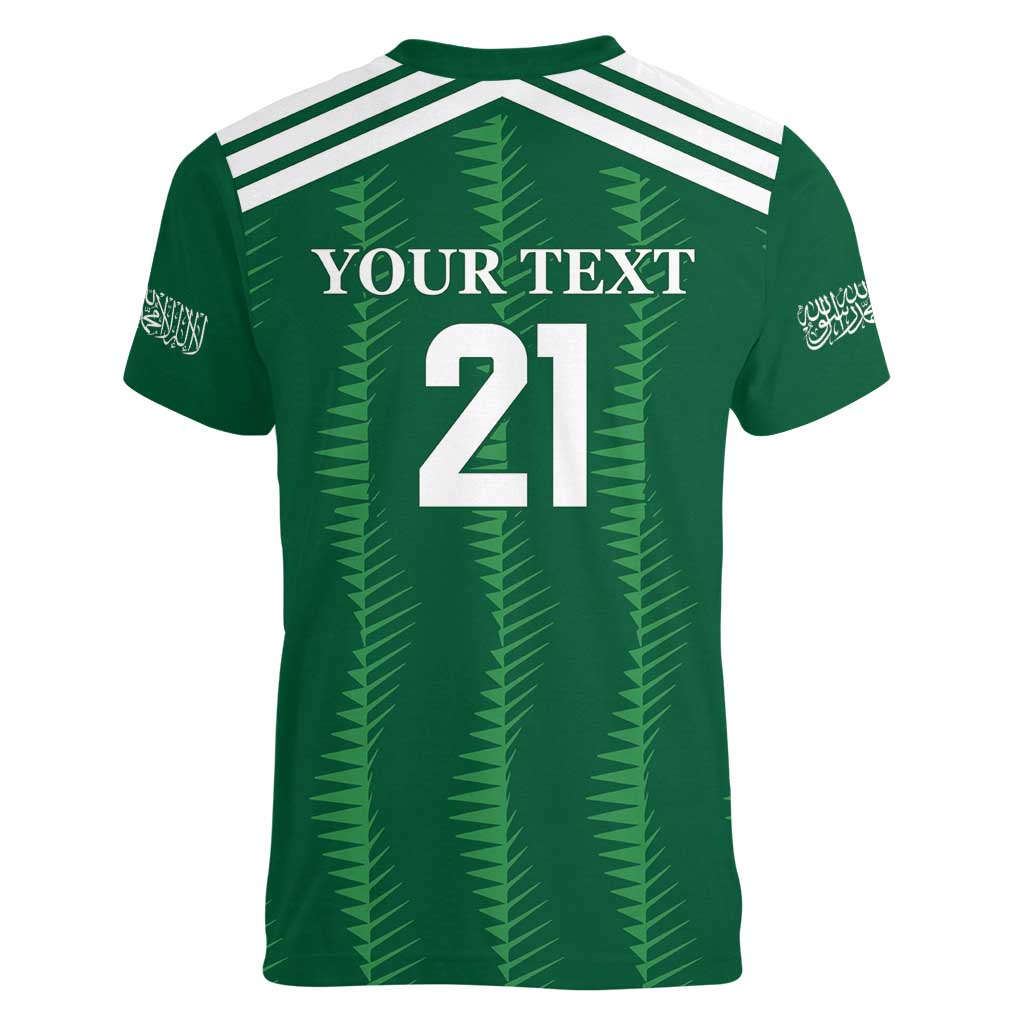 Custom Saudi Arabia Football Women V-Neck T-Shirt Green Al -Arabiyyah Concept 23-2024 - Wonder Print Shop