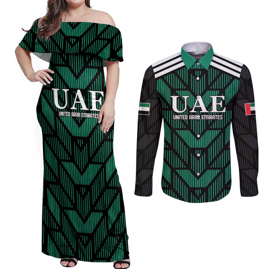 Custom UAE Football Couples Matching Off Shoulder Maxi Dress and Long Sleeve Button Shirt Green Concept 19-2020 LT9 - Wonder Print Shop