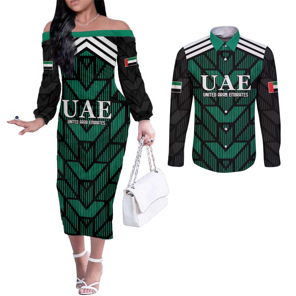 Custom UAE Football Couples Matching Off The Shoulder Long Sleeve Dress and Long Sleeve Button Shirt Green Concept 19-2020