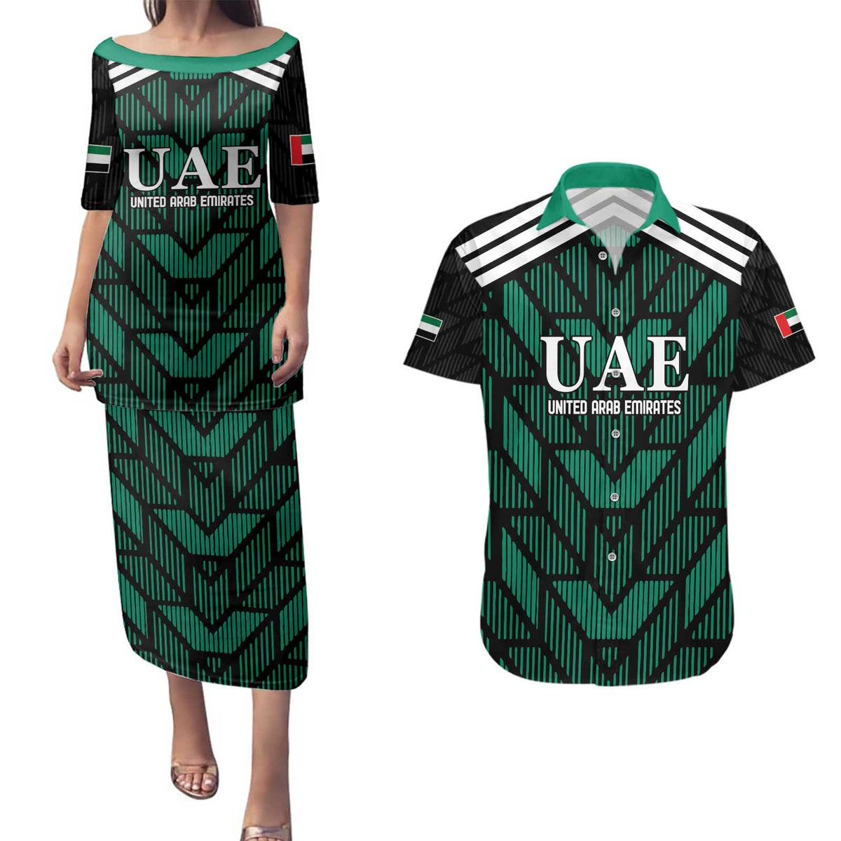 Custom UAE Football Couples Matching Puletasi and Hawaiian Shirt Green Concept 19-2020 LT9 - Wonder Print Shop