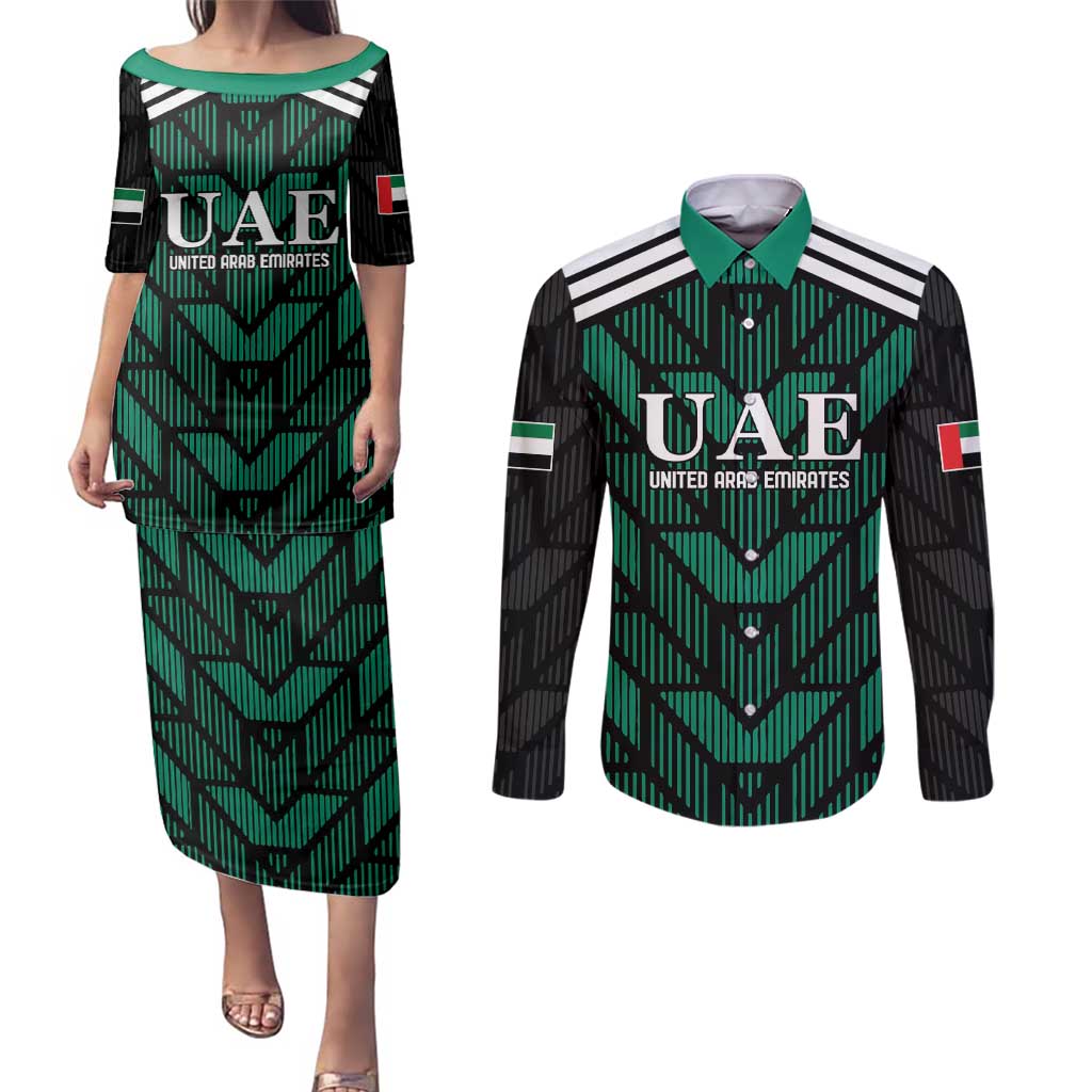 Custom UAE Football Couples Matching Puletasi and Long Sleeve Button Shirt Green Concept 19-2020 LT9 - Wonder Print Shop