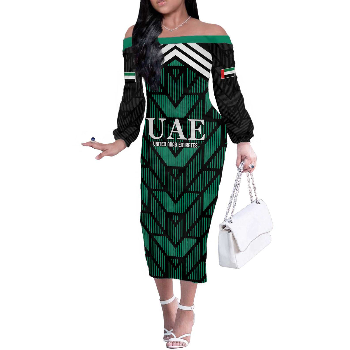 Custom UAE Football Off The Shoulder Long Sleeve Dress Green Concept 19-2020 - Wonder Print Shop
