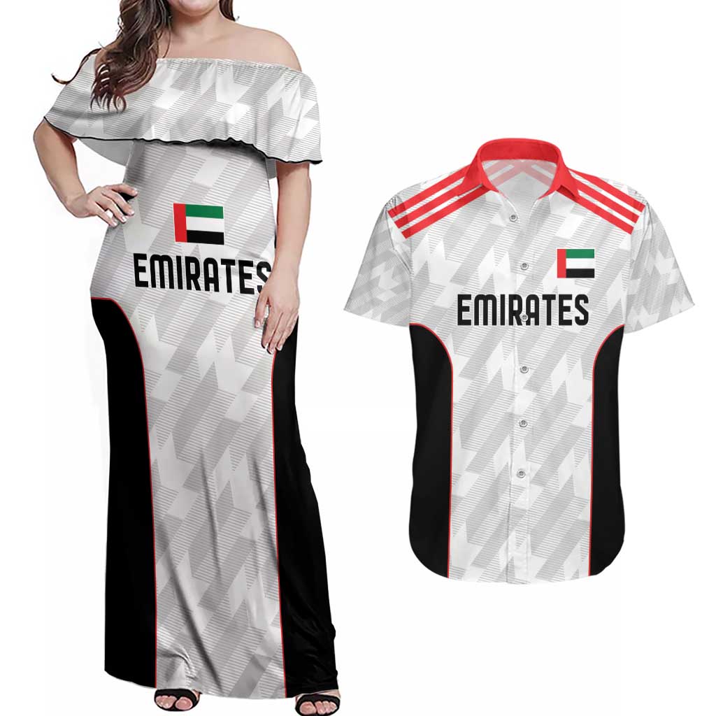 Custom UAE Football Couples Matching Off Shoulder Maxi Dress and Hawaiian Shirt The Whites Concept 19-2020 LT9 - Wonder Print Shop