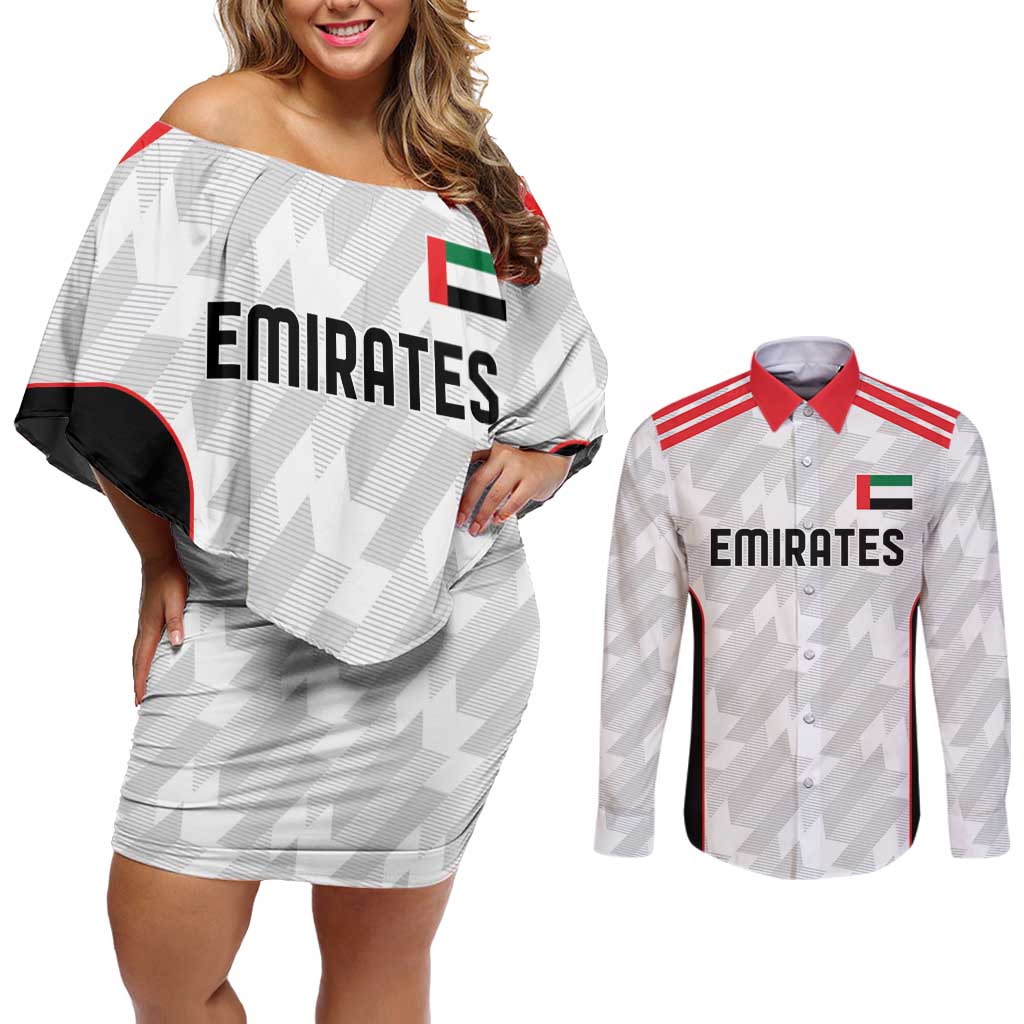 Custom UAE Football Couples Matching Off Shoulder Short Dress and Long Sleeve Button Shirt The Whites Concept 19-2020 LT9 - Wonder Print Shop