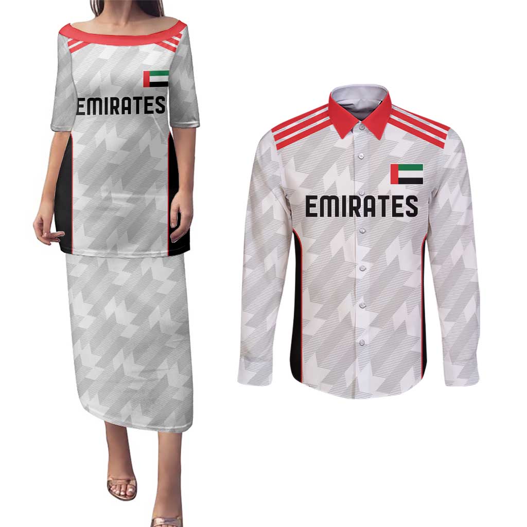 Custom UAE Football Couples Matching Puletasi and Long Sleeve Button Shirt The Whites Concept 19-2020 LT9 - Wonder Print Shop