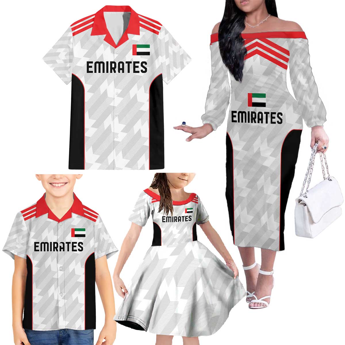 Custom UAE Football Family Matching Off The Shoulder Long Sleeve Dress and Hawaiian Shirt The Whites Concept 19-2020 - Wonder Print Shop