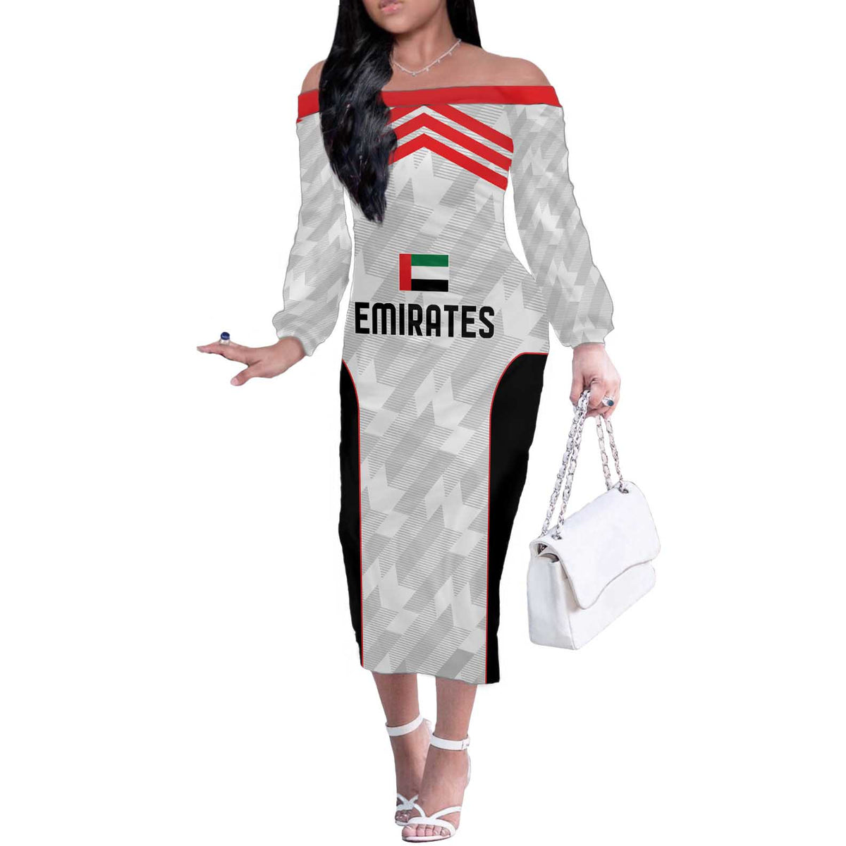 Custom UAE Football Off The Shoulder Long Sleeve Dress The Whites Concept 19-2020 - Wonder Print Shop