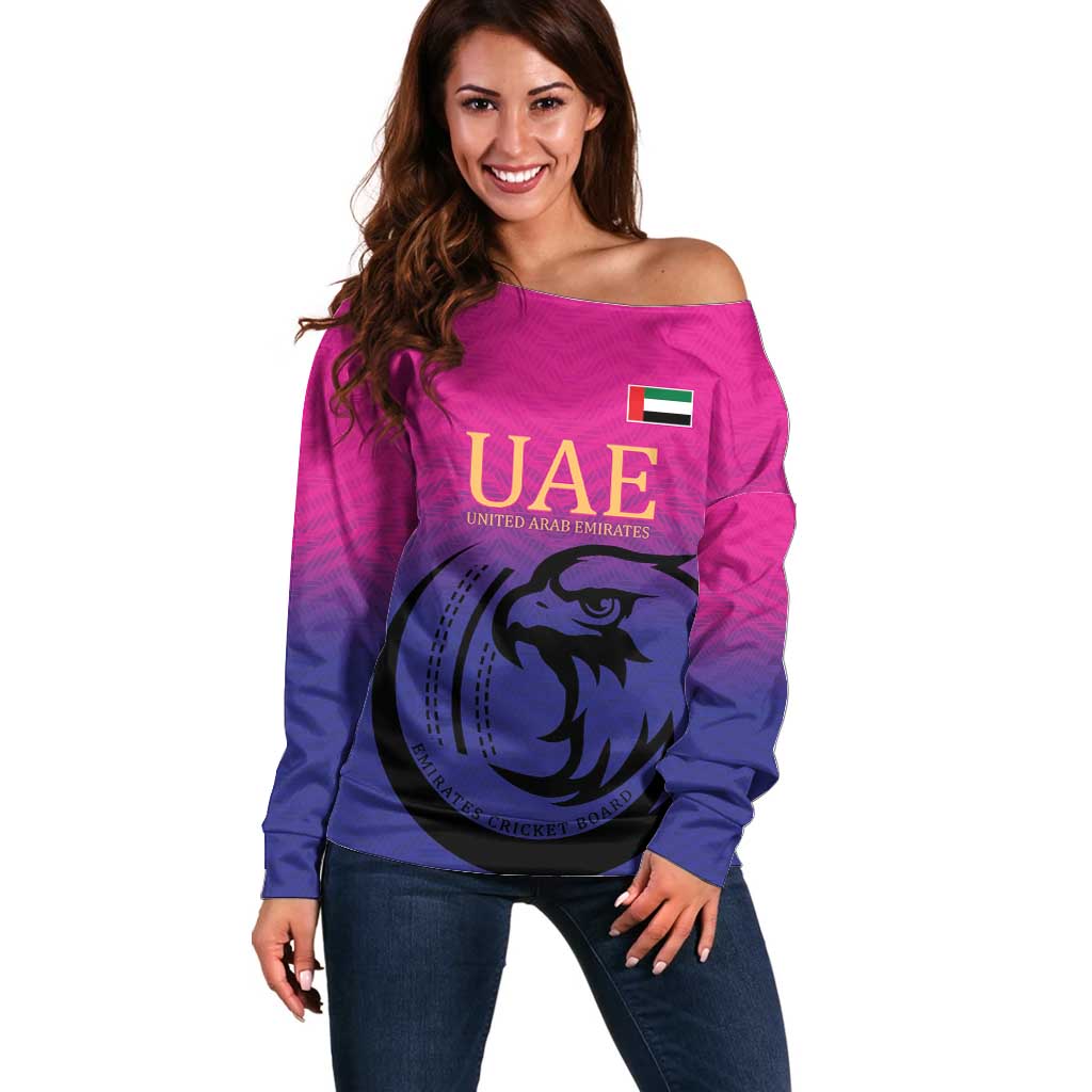 Custom UAE Cricket Off Shoulder Sweater United Arab Emirates Falcon Sporty Pattern - Wonder Print Shop