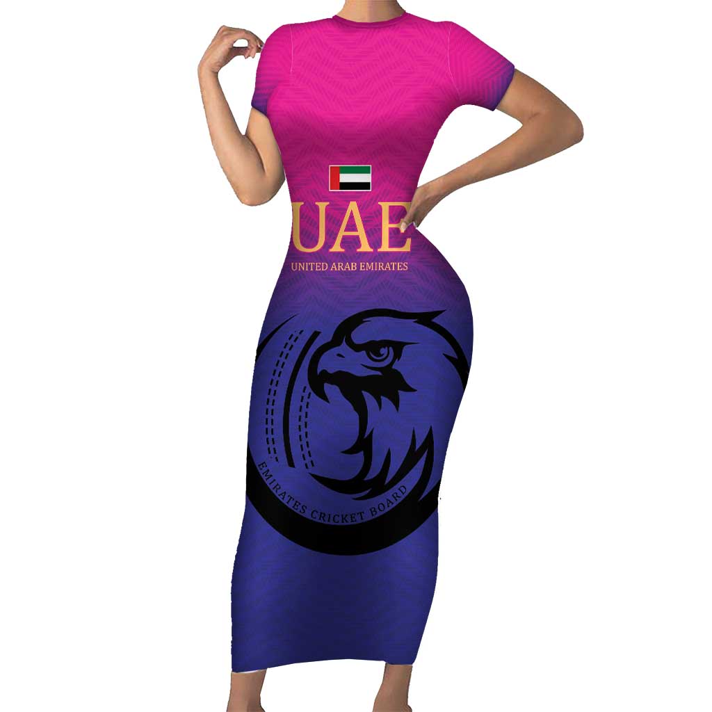 Custom UAE Cricket Short Sleeve Bodycon Dress United Arab Emirates Falcon Sporty Pattern - Wonder Print Shop