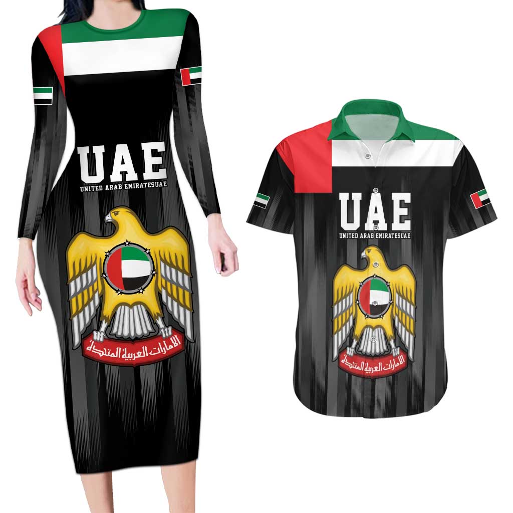United Arab Emirates Couples Matching Long Sleeve Bodycon Dress and Hawaiian Shirt UAE Emblem Hawk of Quraish LT9 - Wonder Print Shop