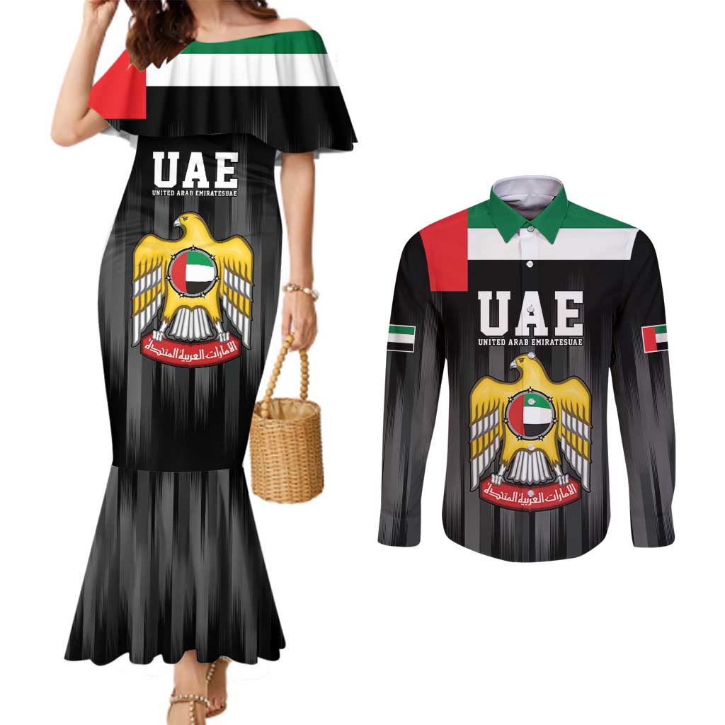 United Arab Emirates Couples Matching Mermaid Dress and Long Sleeve Button Shirt UAE Emblem Hawk of Quraish