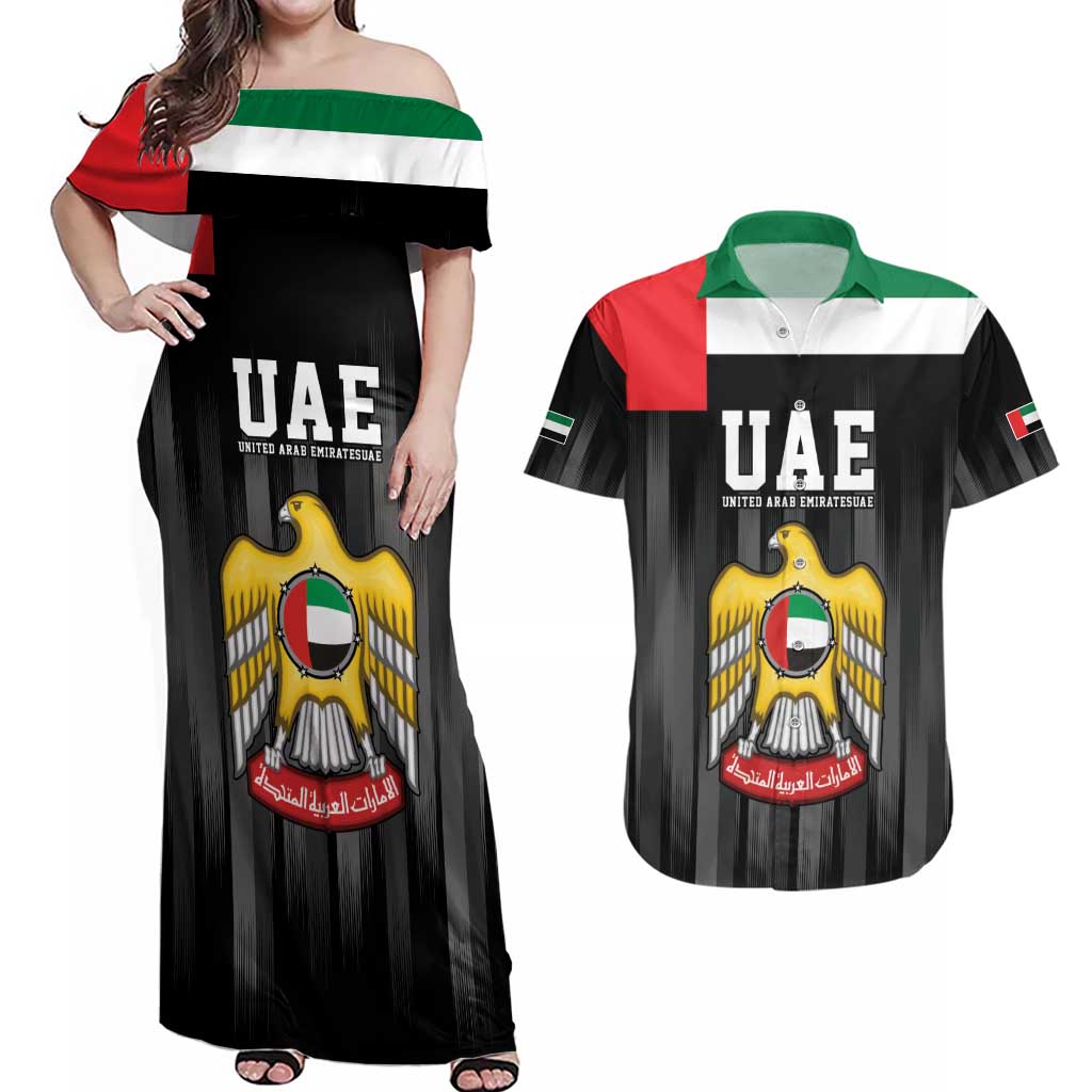 United Arab Emirates Couples Matching Off Shoulder Maxi Dress and Hawaiian Shirt UAE Emblem Hawk of Quraish LT9 - Wonder Print Shop